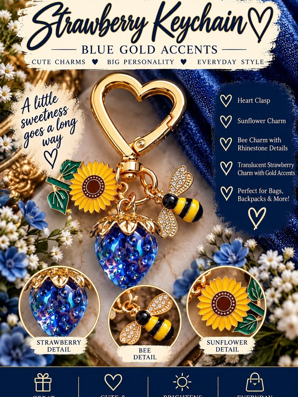 Strawberry Keychain Charm with Blue Gold Accents – Sunflower & Bee Design!!